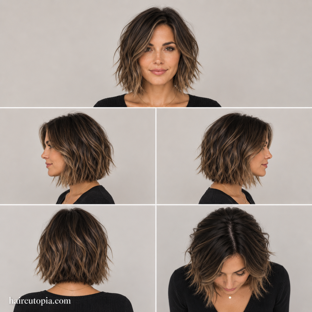 Five-view collage of a low maintenance textured bob haircut showing the front, left side, right side, back, and top views.