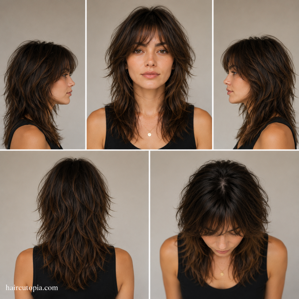 Woman with a low maintenance wolf cut haircut featuring soft textured layers, wispy bangs, and natural movement.