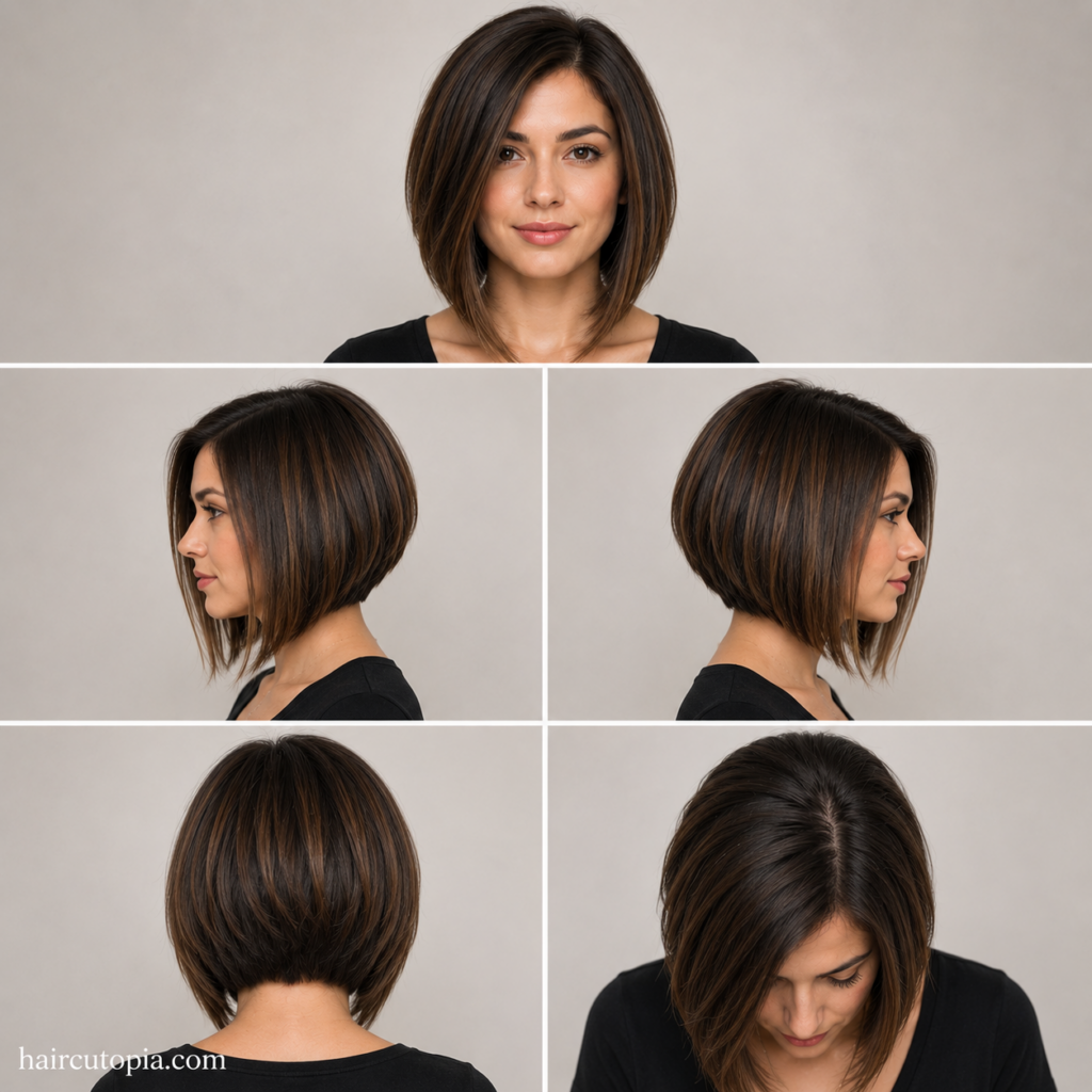 Five-view collage of a medium A-line bob haircut showing the front, left side, right side, back, and top view of the angled shoulder-length hairstyle.