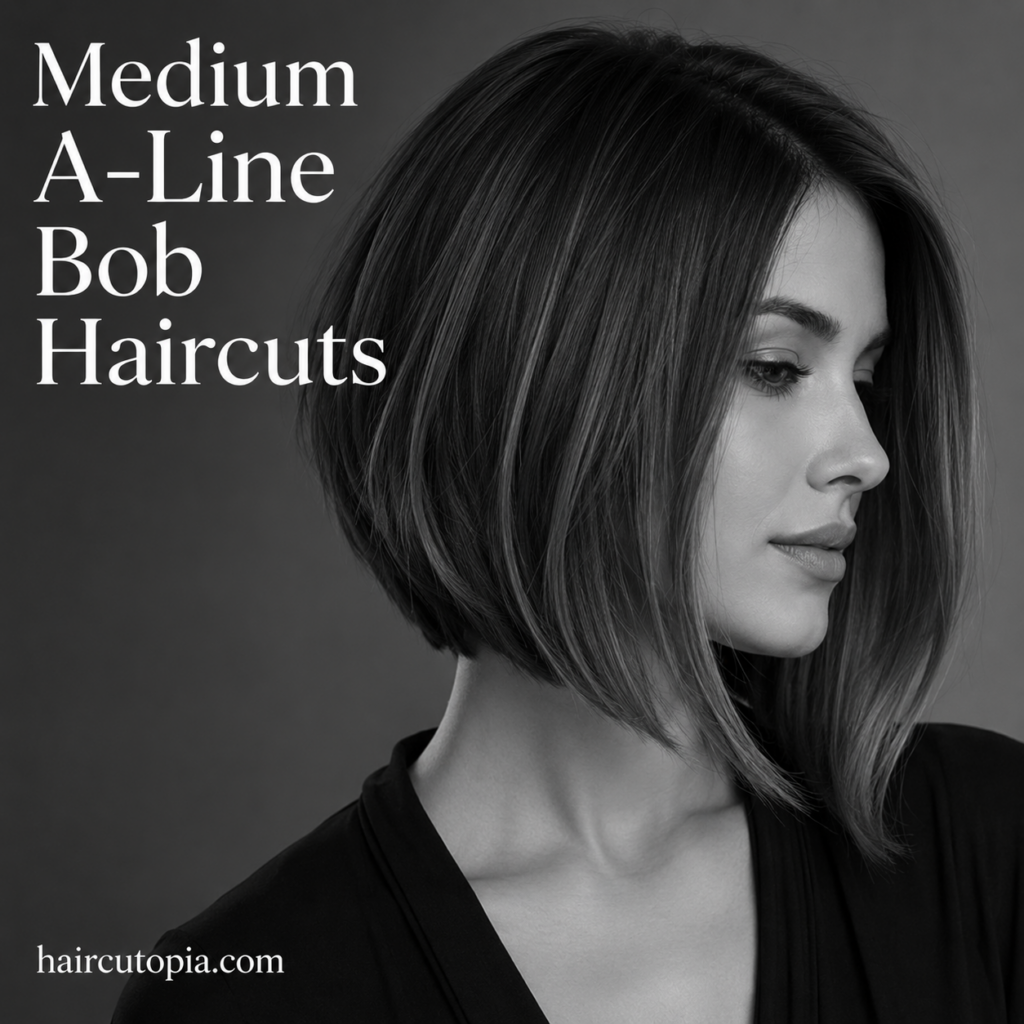 Medium A-line bob haircut with sleek shoulder-grazing angled layers in a black-and-white editorial portrait
