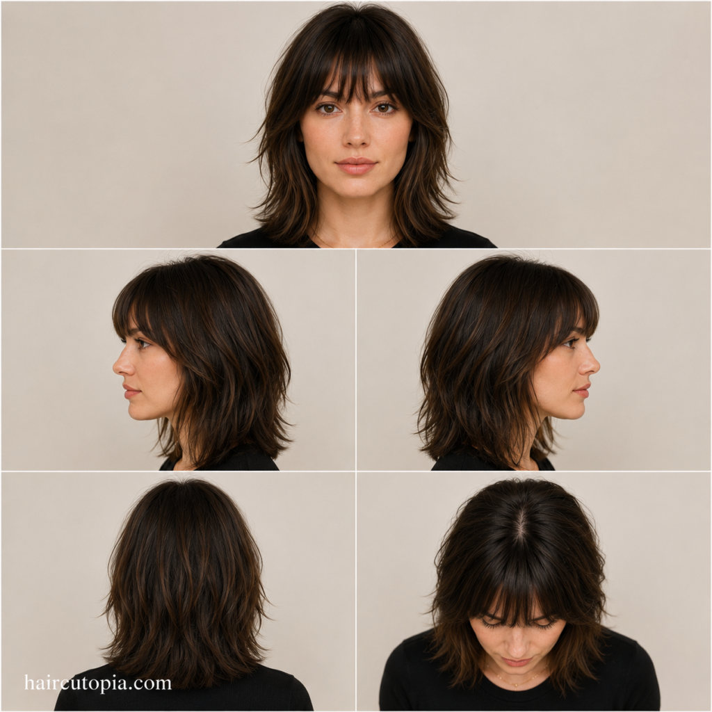 Five-view collage of a woman with a medium bangs haircut shown from the front, left side, right side, back, and bird's-eye views.