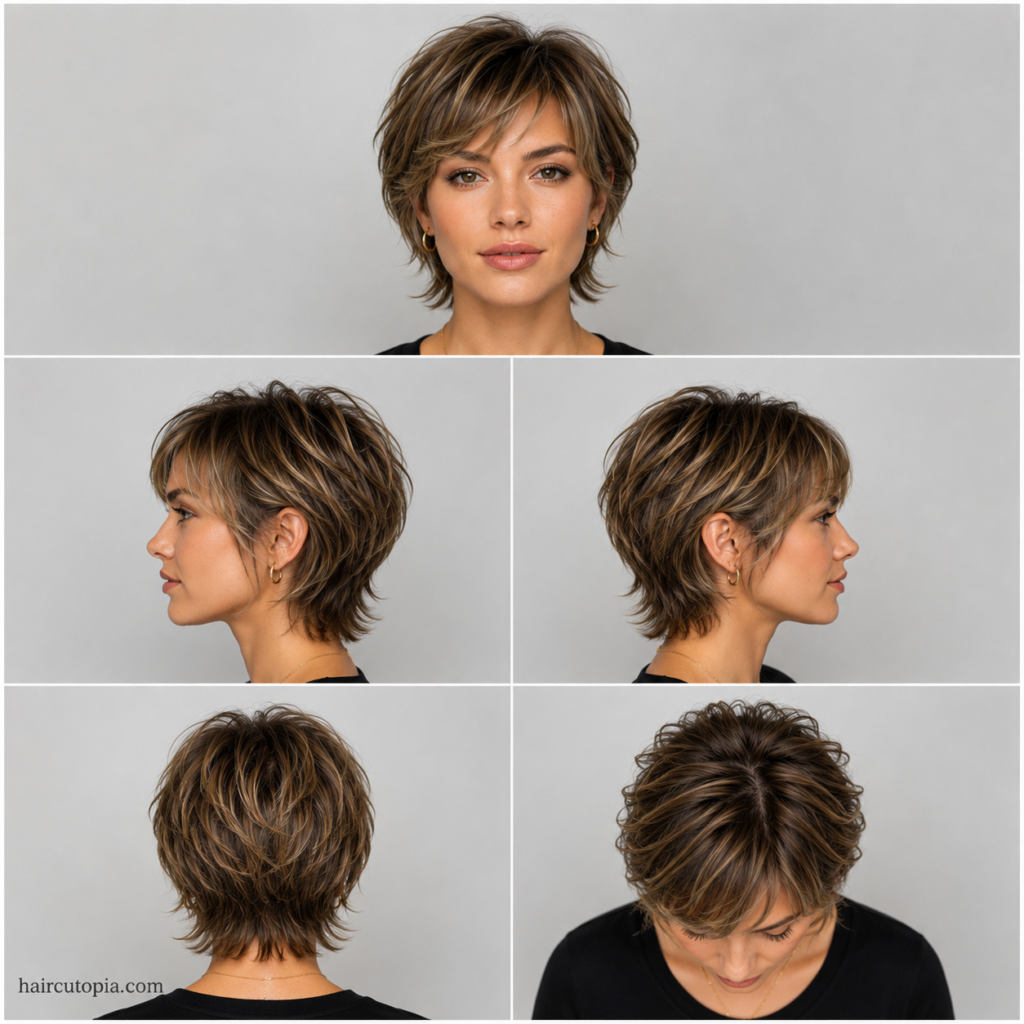 Medium bixie haircut shown from the front, left side, right side, back, and top view highlighting layered texture and soft volume.