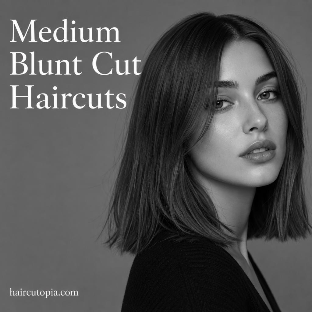 Woman with a sleek medium blunt cut hairstyle in a black-and-white editorial portrait.