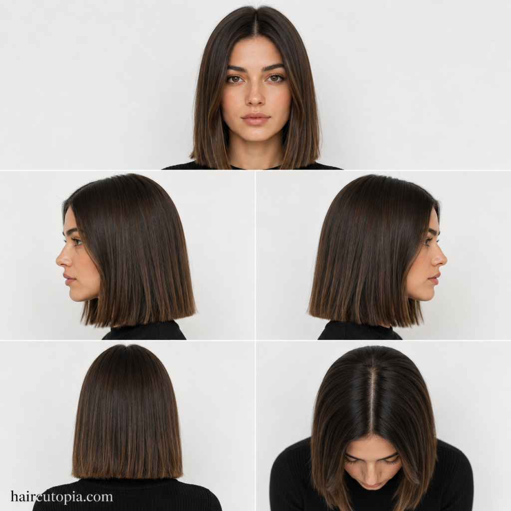 Five-panel collage showing a medium blunt cut haircut from the front, left side, right side, back, and top views.