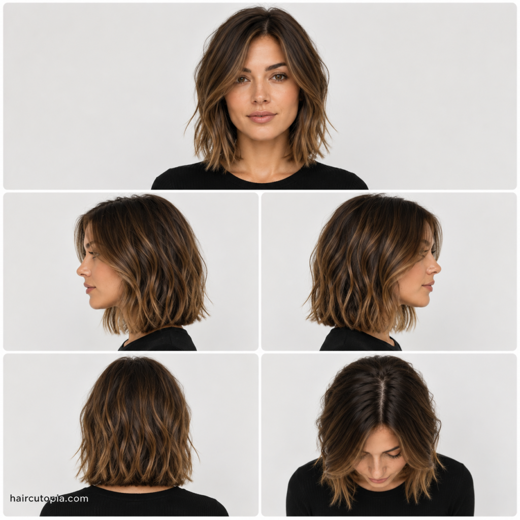 Five-view collage of a modern medium bob haircut showing the front, left side, right side, back, and bird's-eye views.