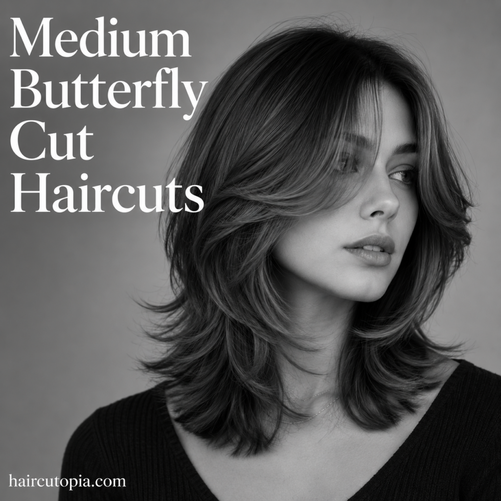 Woman with a medium butterfly cut hairstyle featuring soft layered volume and face-framing feathered layers in a black-and-white editorial portrait.