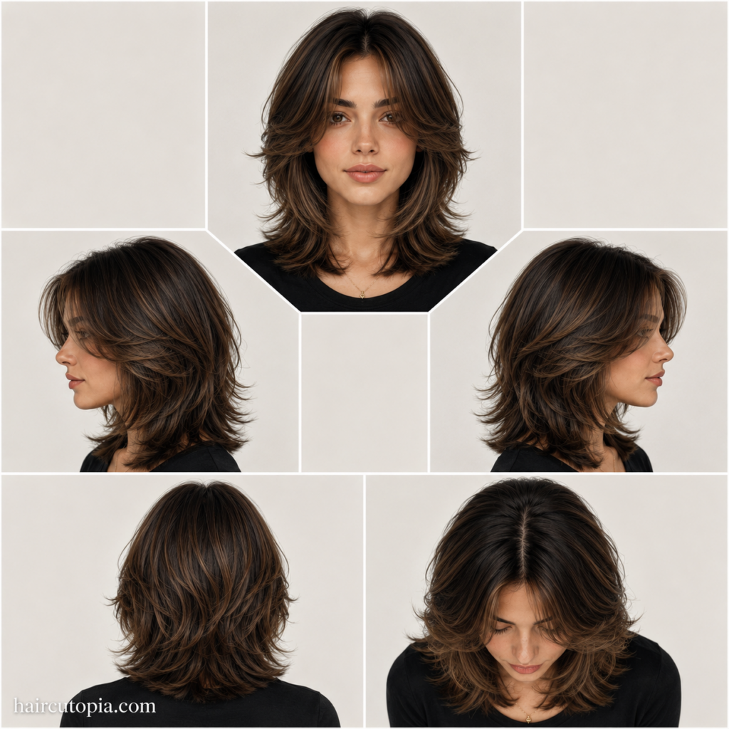 Five-view collage of a medium butterfly cut haircut showing the front, left side, right side, back, and top views with feathered layers and natural volume.
