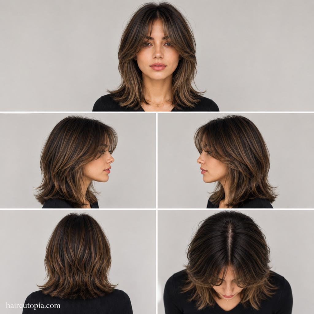 Five-view collage of a medium curtain bangs haircut showing the front, left side, right side, back, and top views on shoulder-length layered hair.