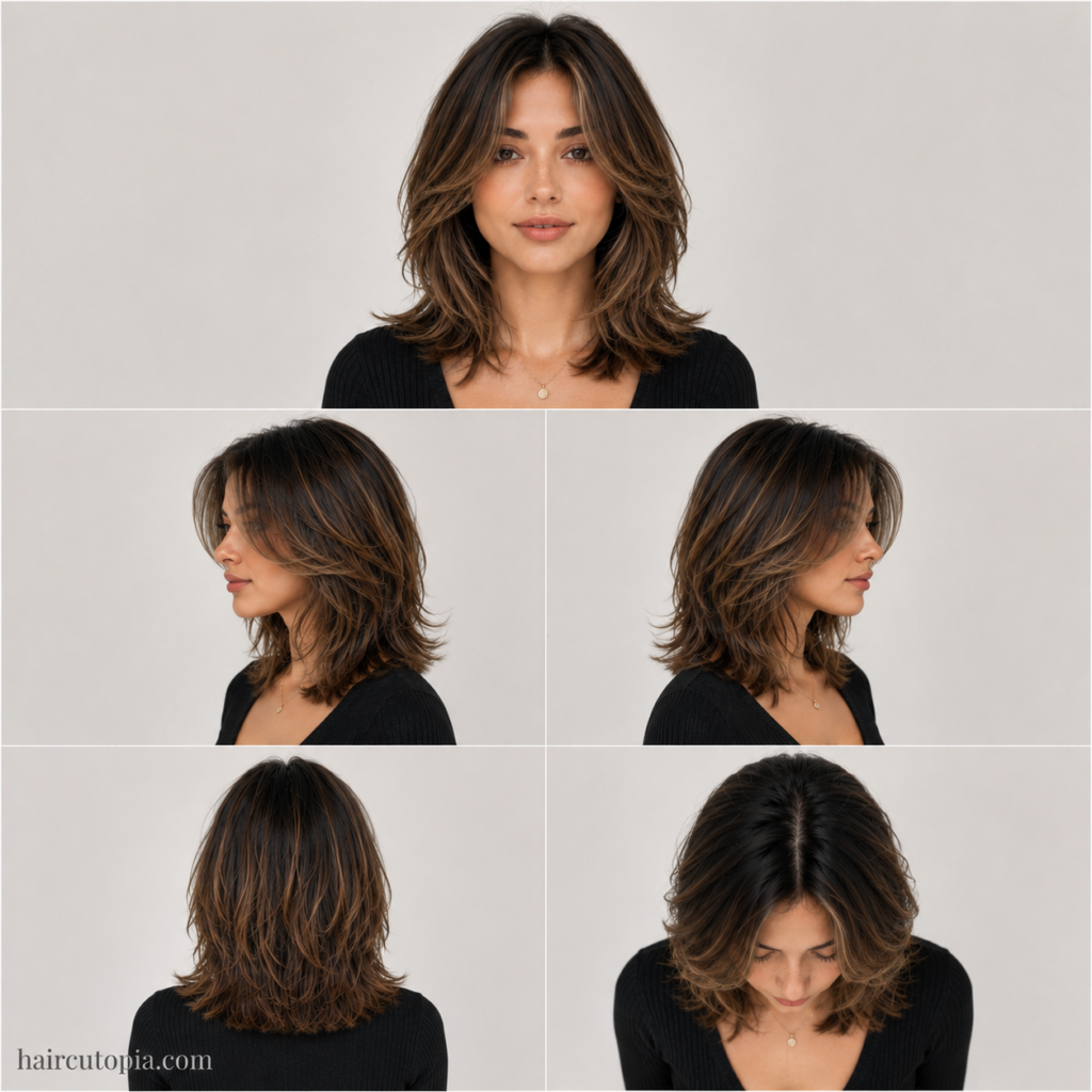 Five-view collage of a medium face-framing layered haircut showing the front, left side, right side, back, and bird's-eye views.
