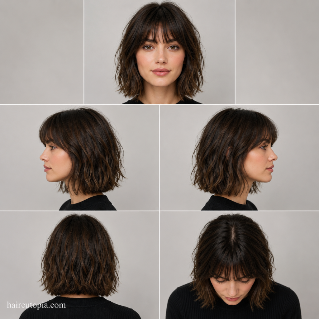 Medium French bob haircut shown from the front, left side, right side, back, and top views