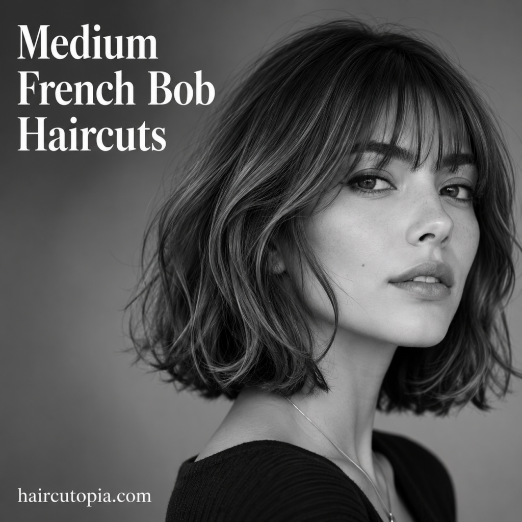 Medium French bob haircut with bangs and soft textured layers