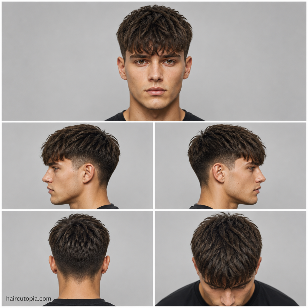 Five-view collage of a men's medium fringe haircut showing the front, left side, right side, back, and top views with textured layers and tapered faded sides.