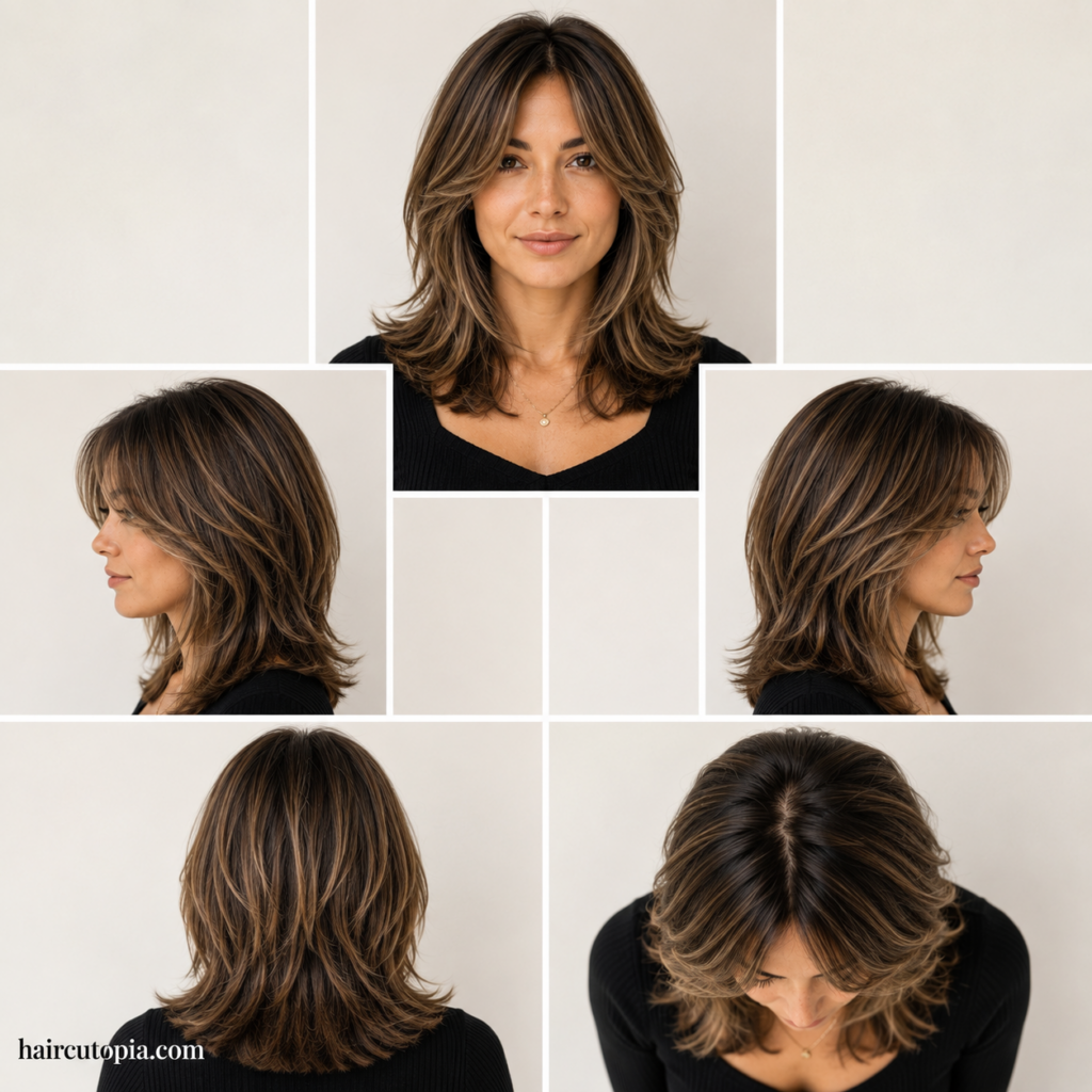 Five-panel collage showing a medium layered haircut from the front, left side, right side, back, and top views.