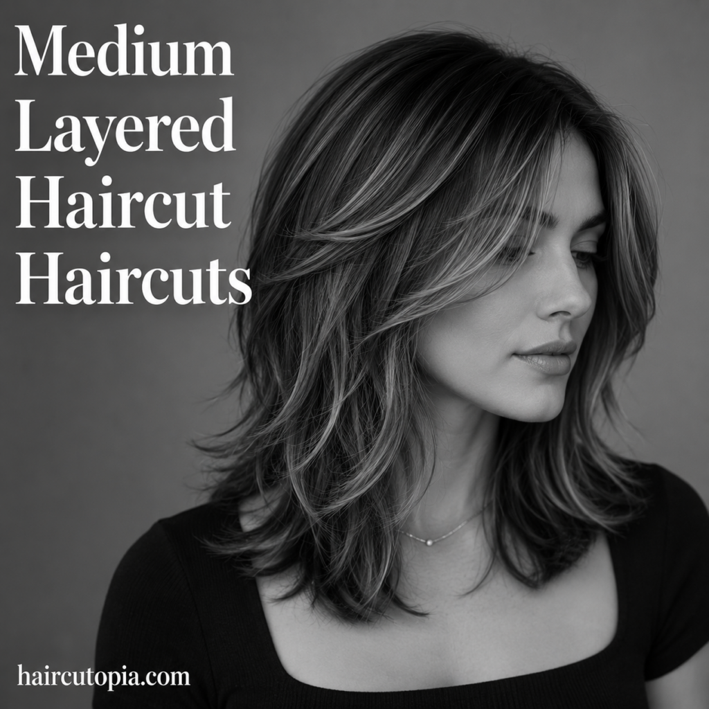 Woman with a modern medium layered haircut in a black-and-white editorial portrait featuring soft, face-framing layers.