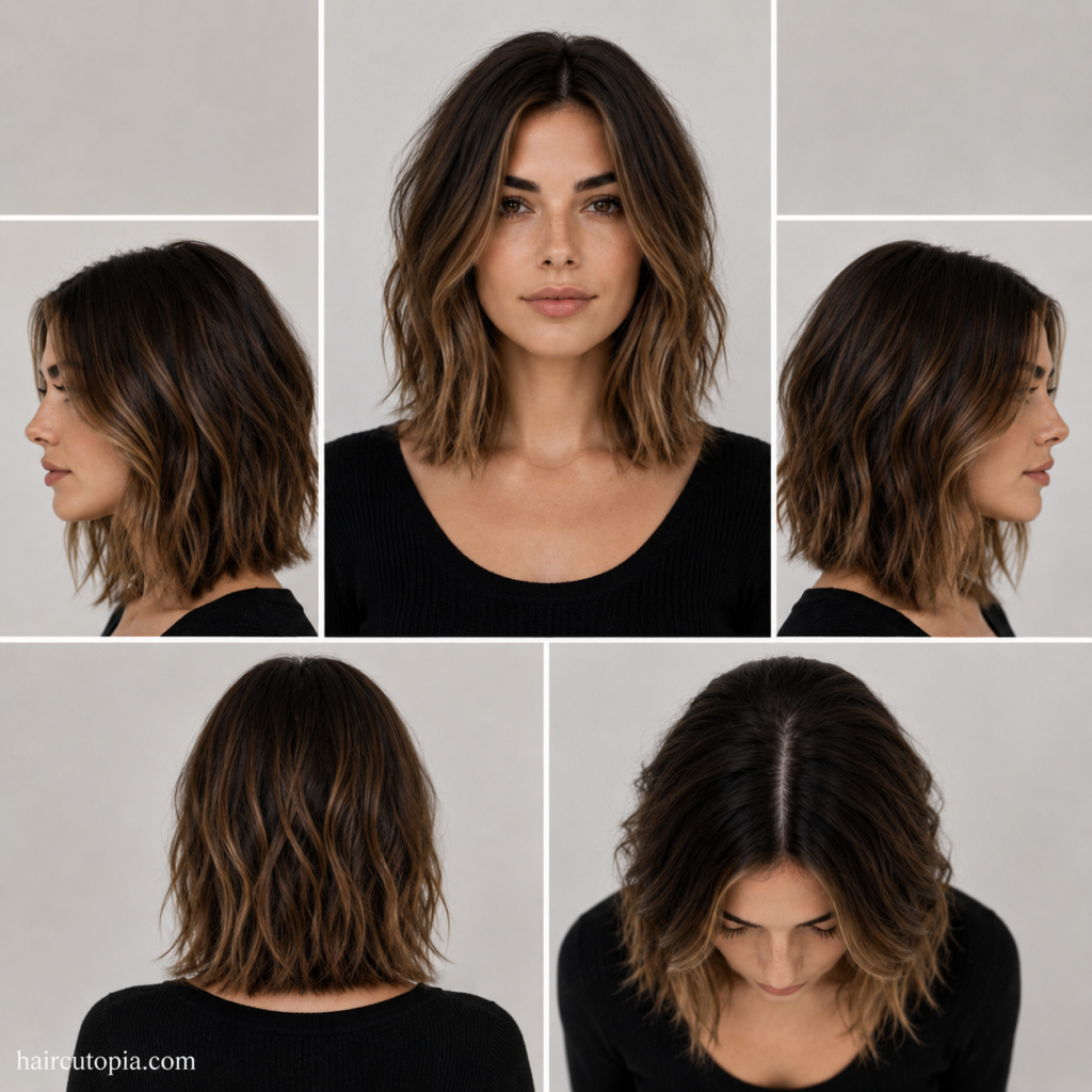 Five-view collage of a medium lob haircut showing the front, left side, right side, back, and top views of a textured shoulder-length hairstyle.