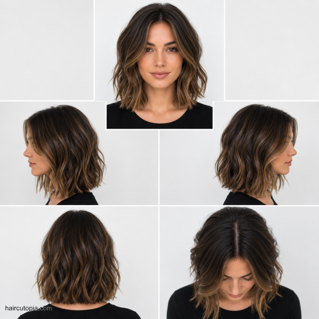 Five-view collage of a medium long bob haircut showing the front, left side, right side, back, and top views.