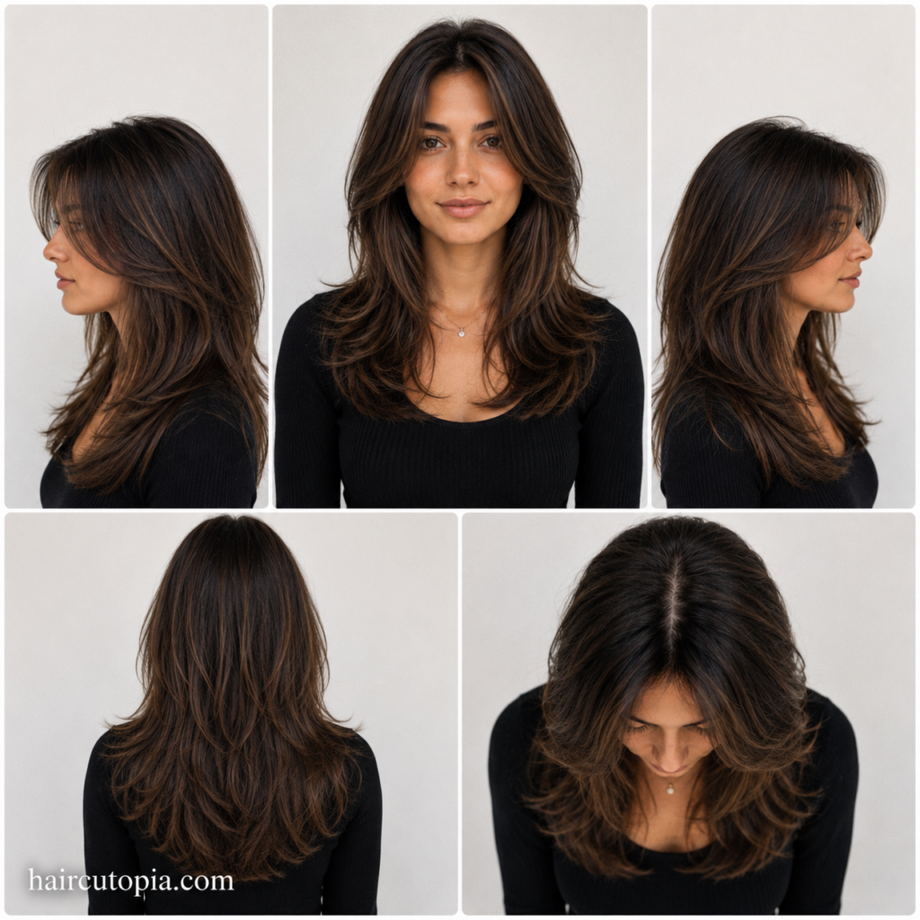 Five-panel collage showing a woman's medium long layers haircut from the front, left side, right side, back, and bird's-eye view.
