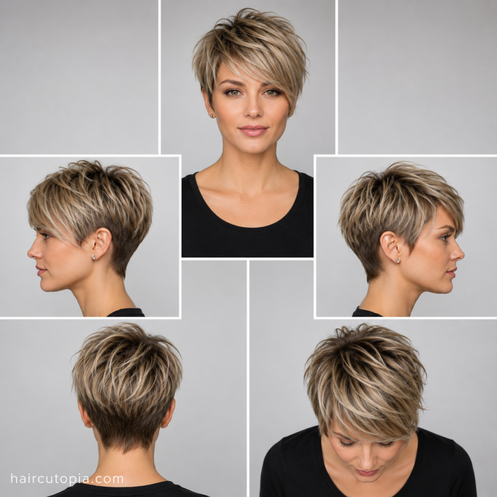 Five-panel collage showing a medium long pixie haircut from the front, left side, right side, back, and top views, highlighting textured layers, a longer crown, and a softly tapered neckline.