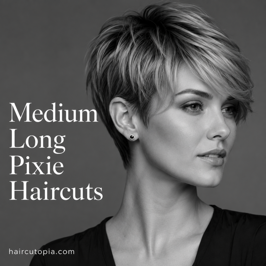 Woman with a medium long pixie haircut featuring textured layers, longer side-swept bangs, and a softly tapered back in a modern black-and-white editorial portrait.
