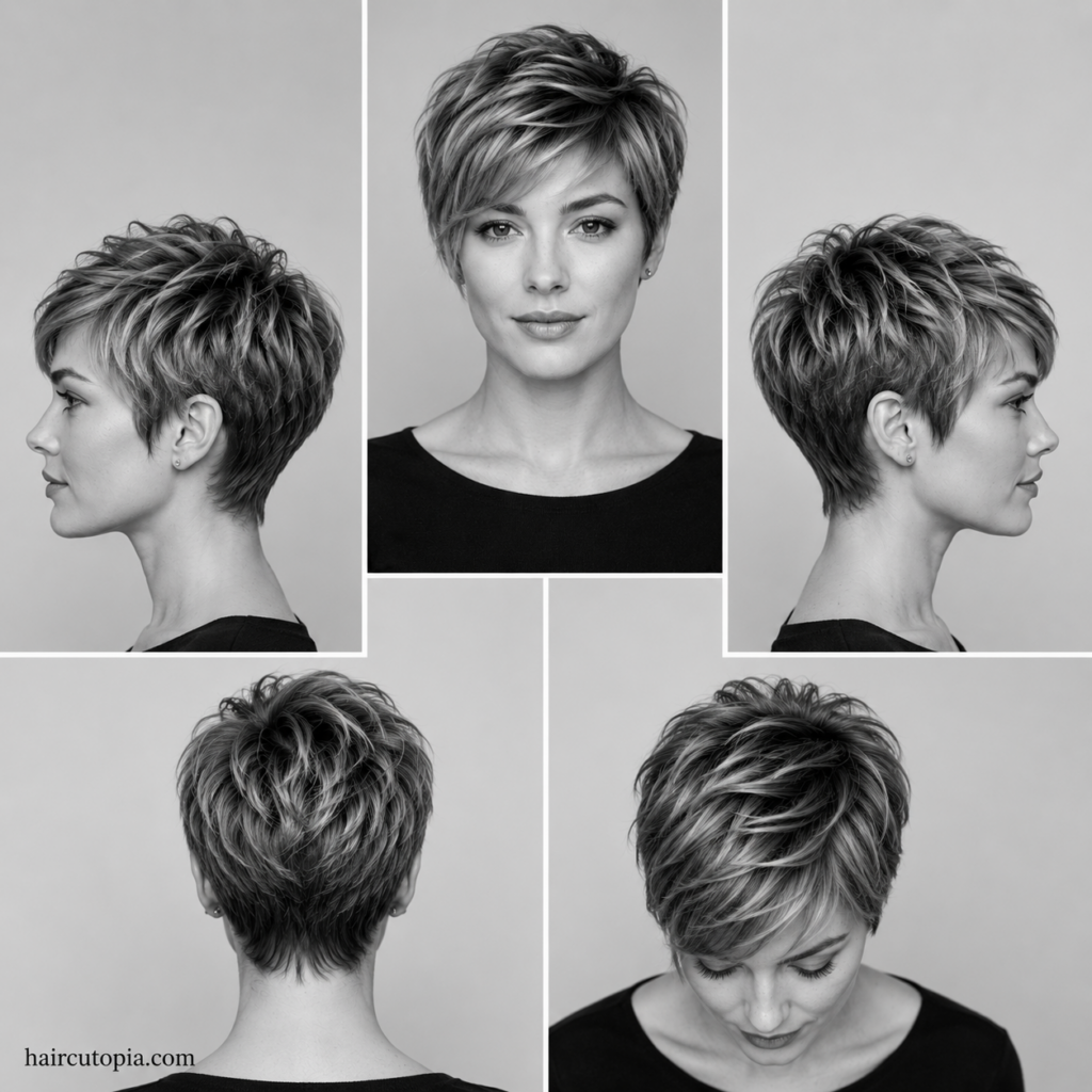 Medium pixie haircut shown from the front, left side, right side, back, and top views