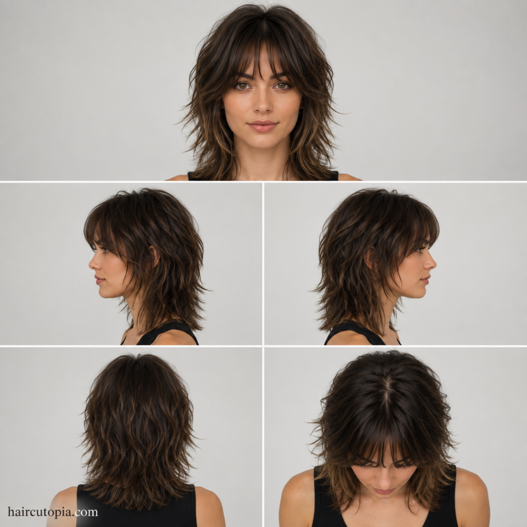 Five-view collage of a medium shag haircut showing the front, left side, right side, back, and top views with textured shoulder-length layers.