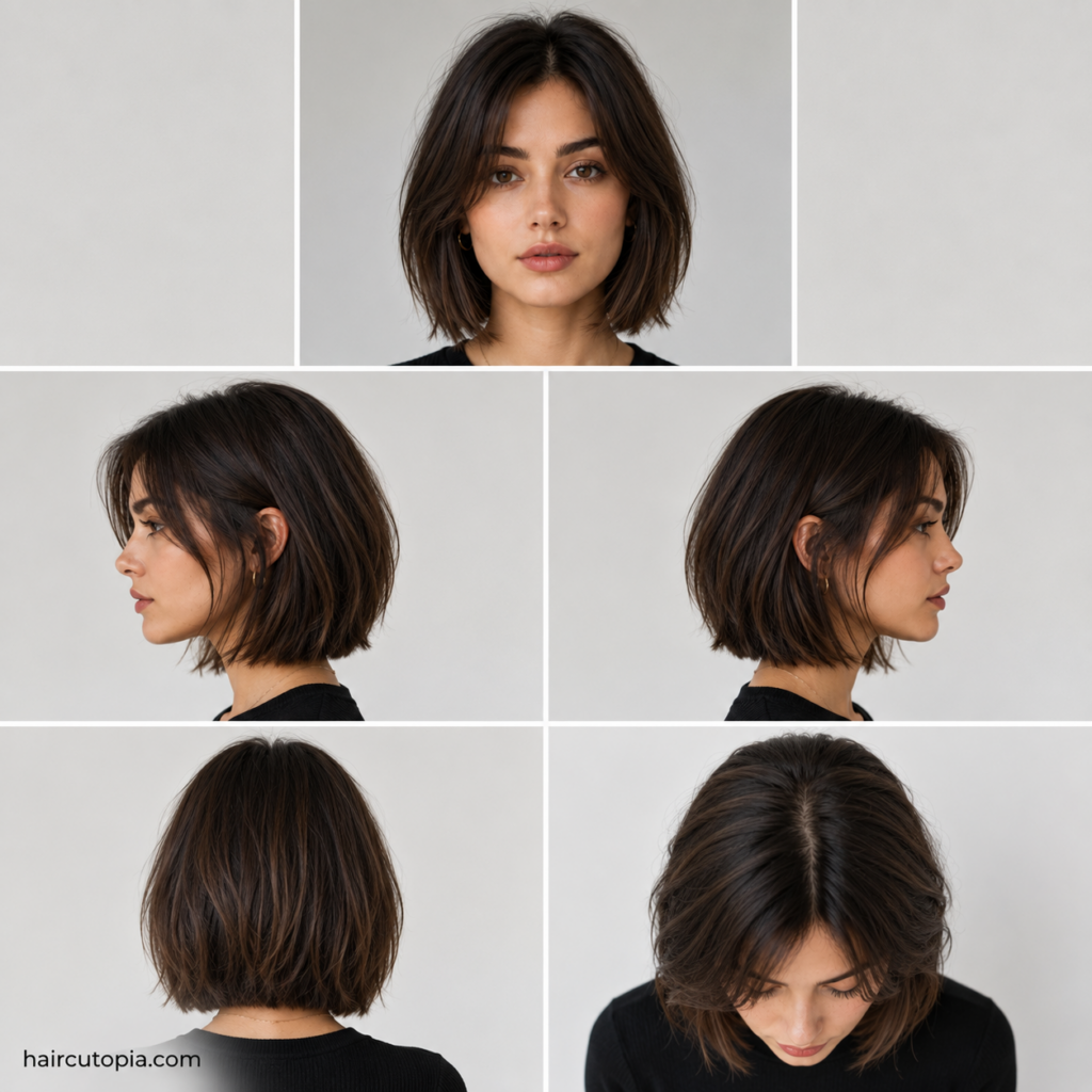 Five-view collage of a woman's medium short bob haircut showing the front, left side, right side, back, and top views.
