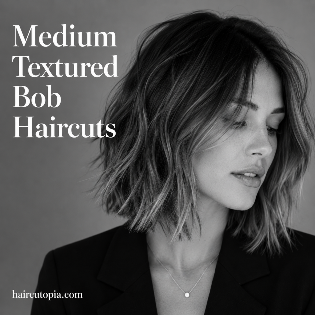 Woman with a medium textured bob haircut featuring soft layered waves in a black-and-white editorial portrait.