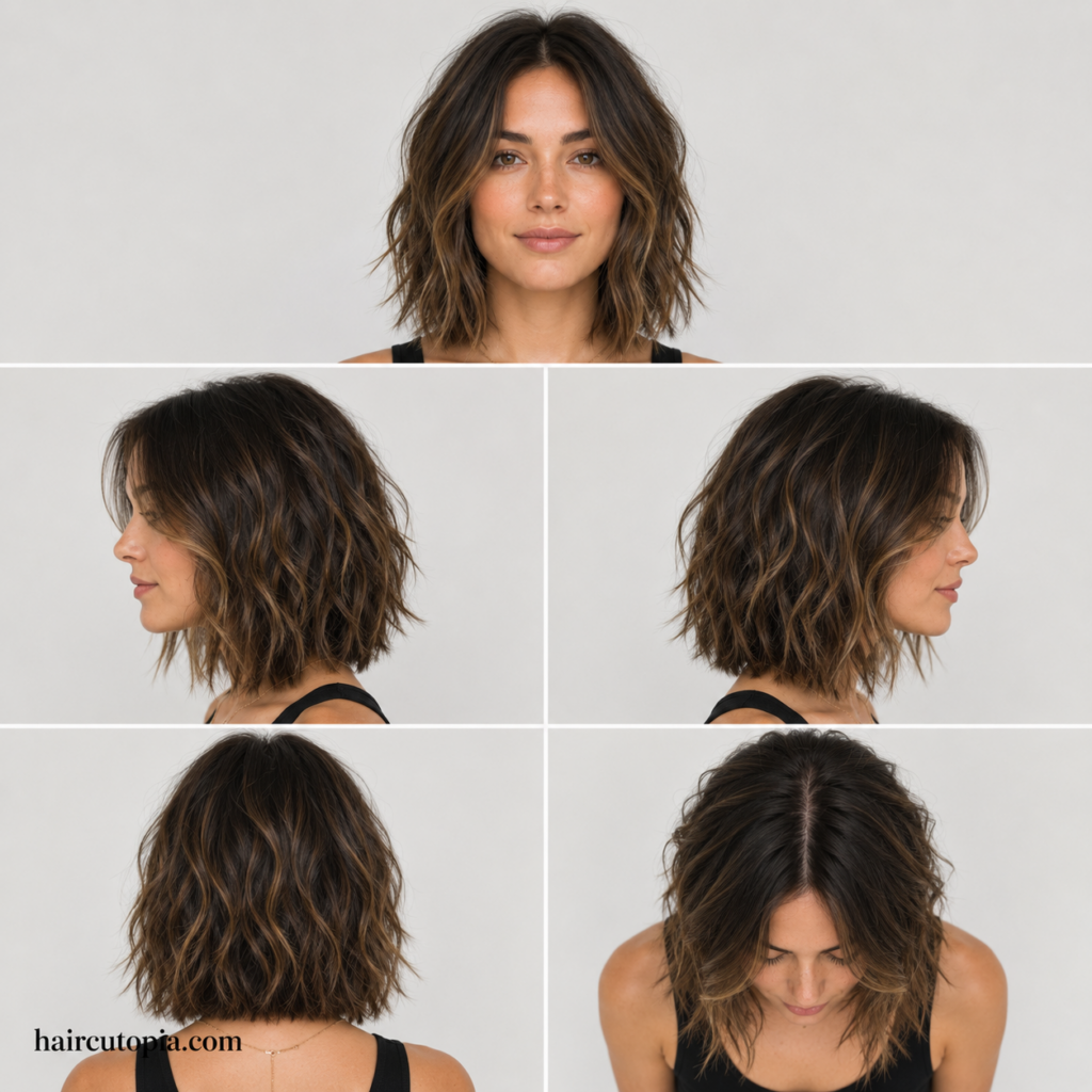 Five-view collage of a medium textured bob haircut showing the front, left side, right side, back, and top views.