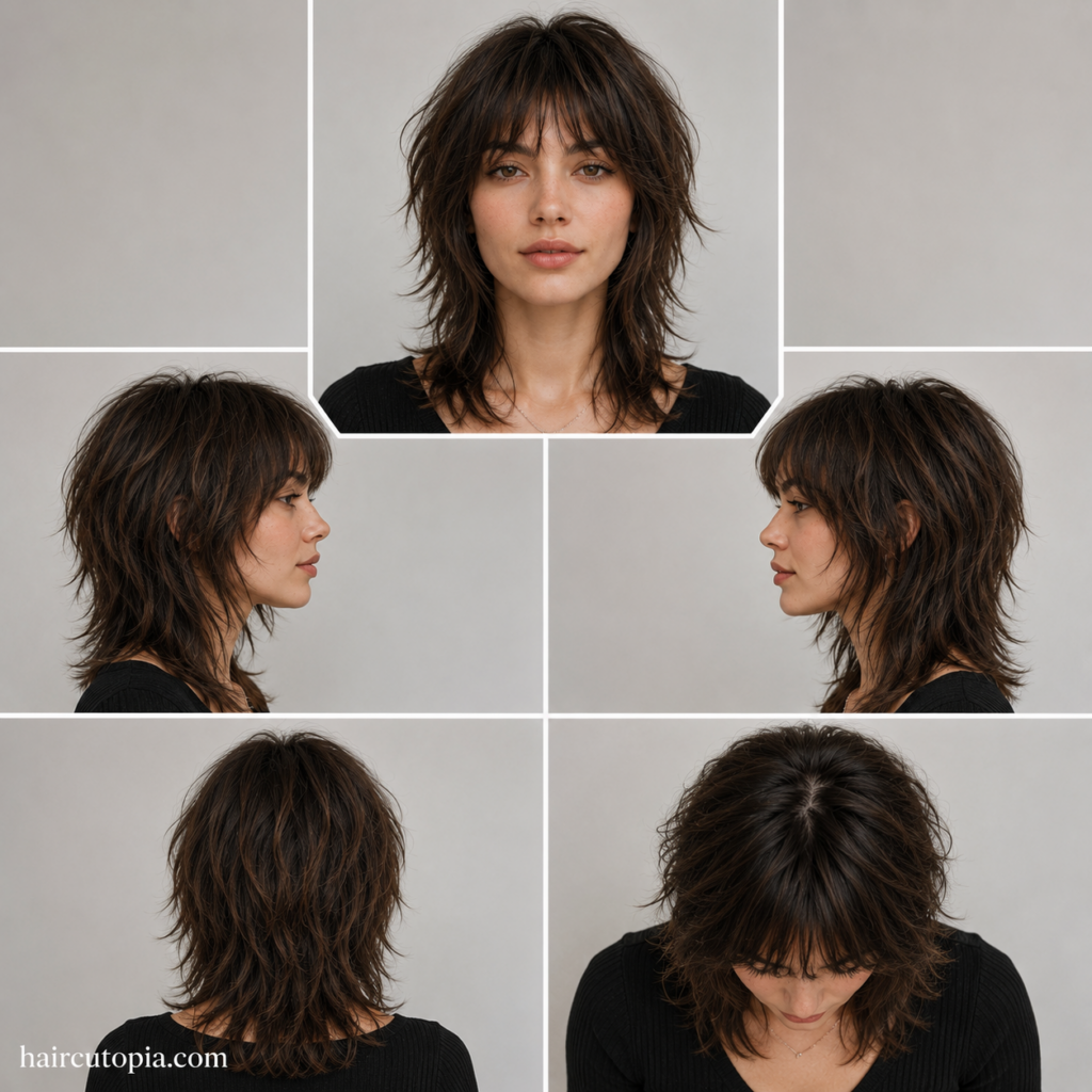Five-view collage of a woman's medium wolf cut haircut showing the front, left side, right side, back, and top views with textured layered shoulder-length hair.