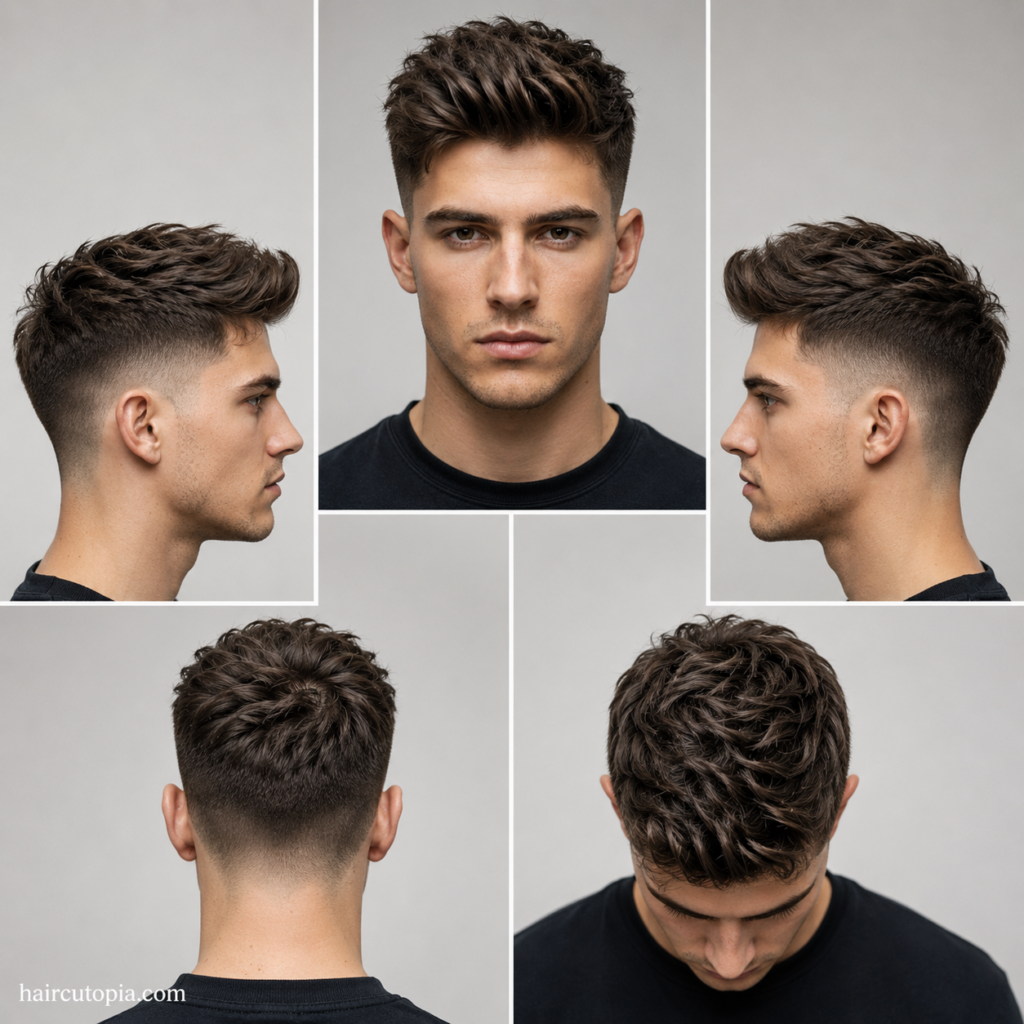 Five-view collage of a modern men's haircut showing the front, left side, right side, back, and top views with a textured top and tapered fade.
