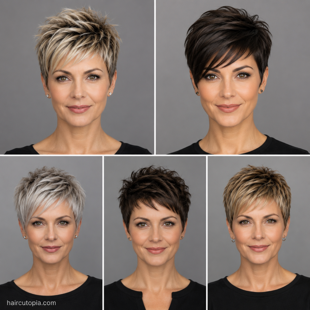 Five modern pixie haircut ideas for women featuring textured, side-swept, silver, choppy, and layered styles