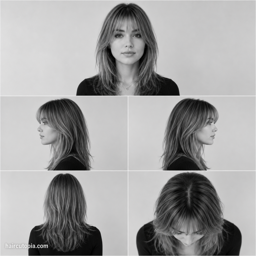 Five-view collage of a woman with wispy curtain bangs for thin hair showing the front, left side, right side, back, and top views.