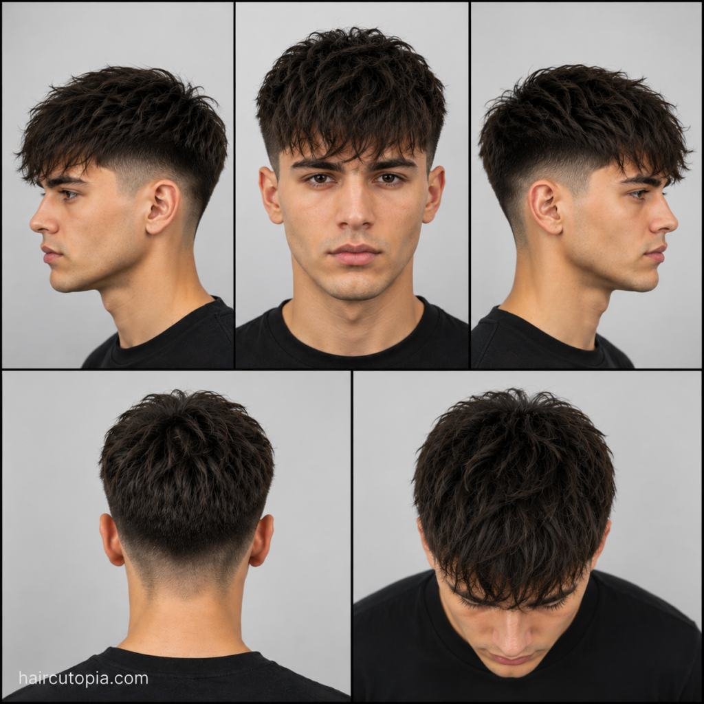 Five-view collage of a modern fringe haircut for oval faces showing the front, left side, right side, back, and top views.