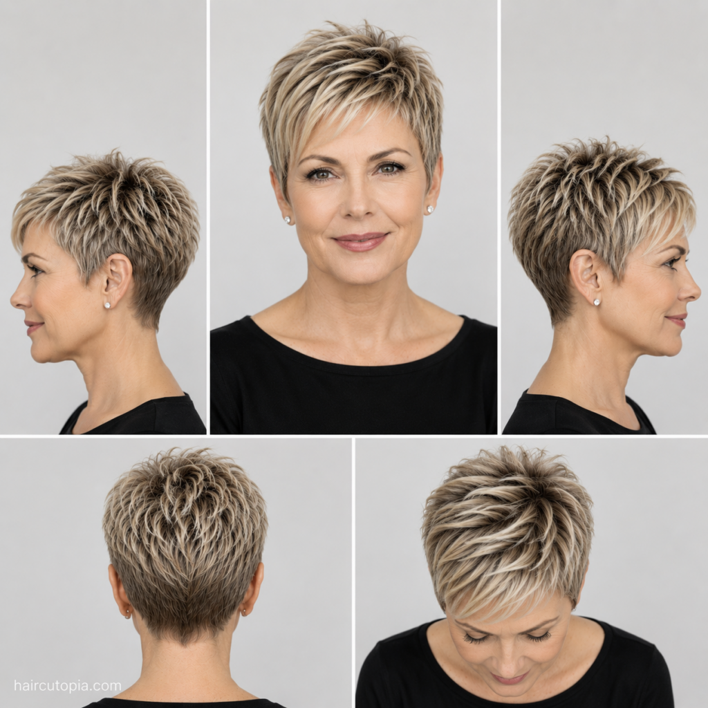 Pixie haircut for busy moms shown from the front, left side, right side, back, and top views