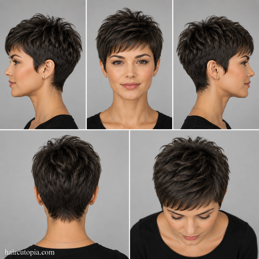 Five-view collage of a modern pixie haircut for coarse hair showing the front, left side, right side, back, and top views.