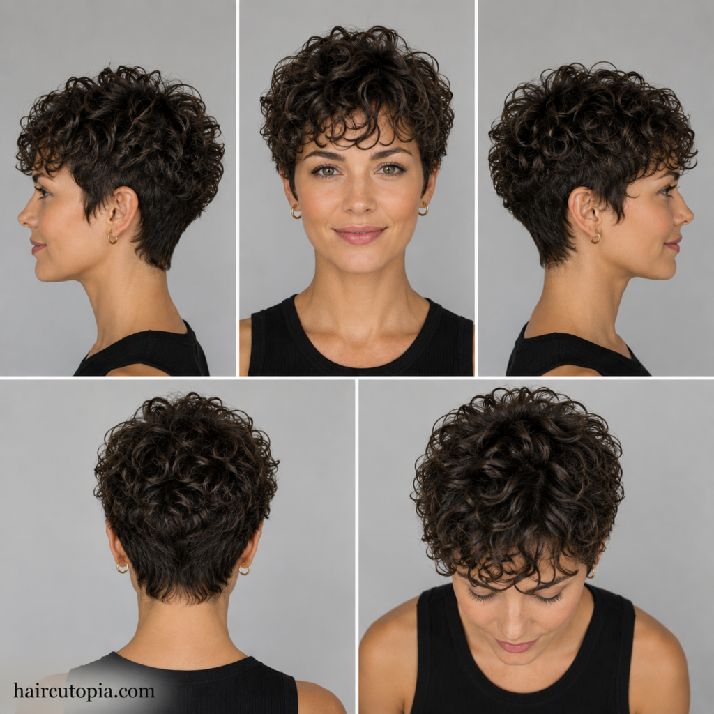 Five-view collage of a modern curly pixie haircut showing the front, left side, right side, back, and top views.