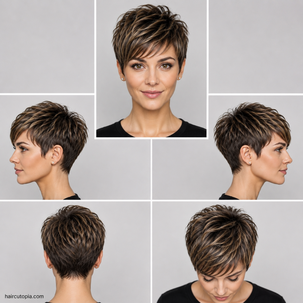 Five-view collage showing a textured pixie haircut for a diamond-shaped face from the front, left side, right side, back, and top views.