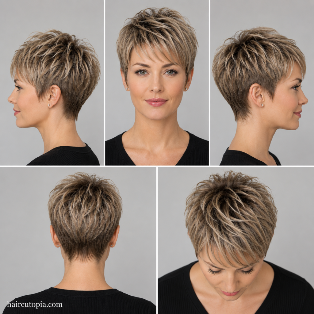 Five-view collage of a modern pixie haircut for fine hair showing the front, left side, right side, back, and top views.
