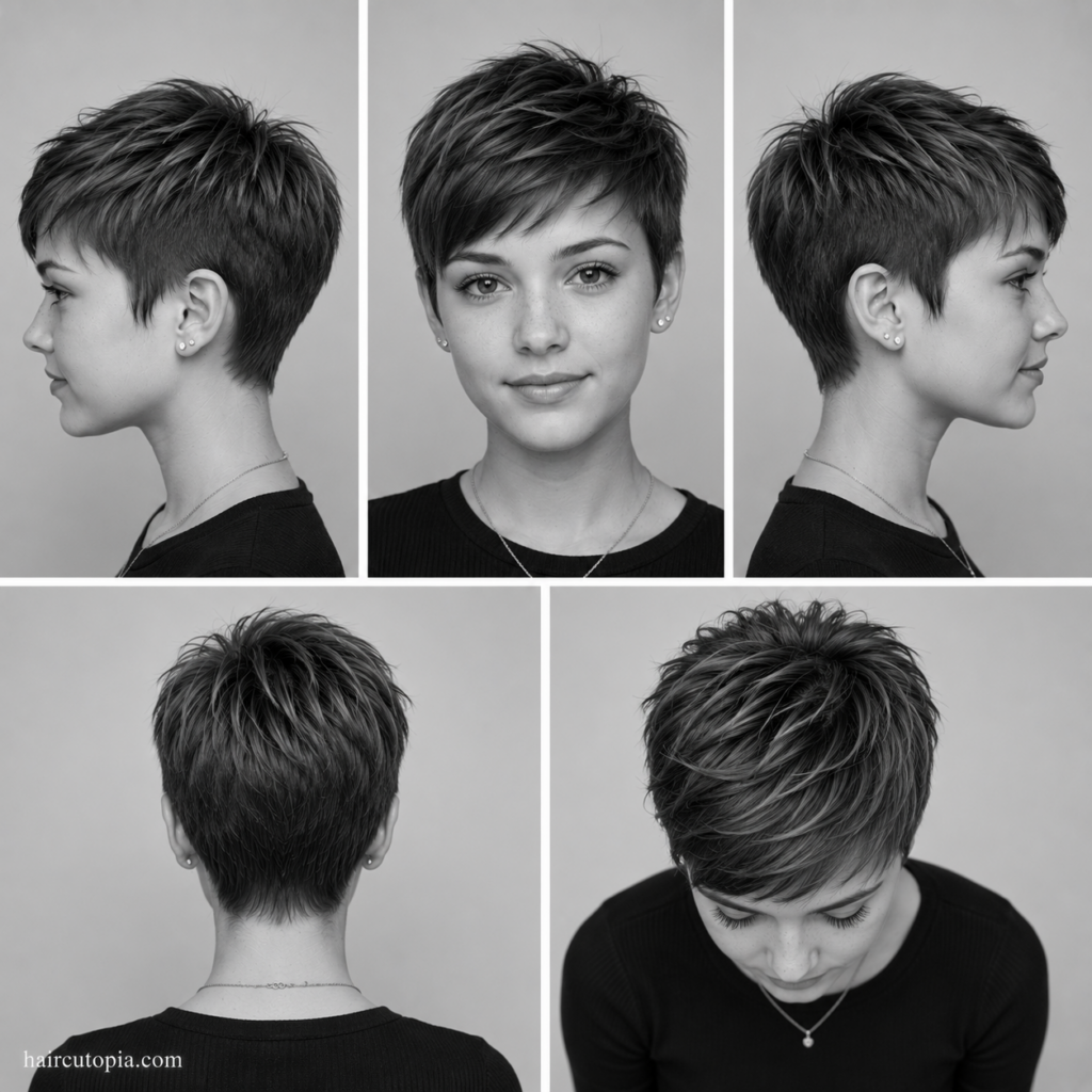 Pixie haircut for teen girls shown from the front, left side, right side, back, and top views