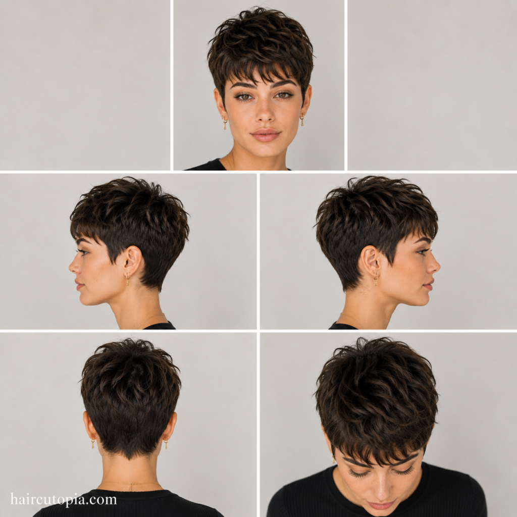 Textured pixie haircut shown from front, left side, right side, back, and top views