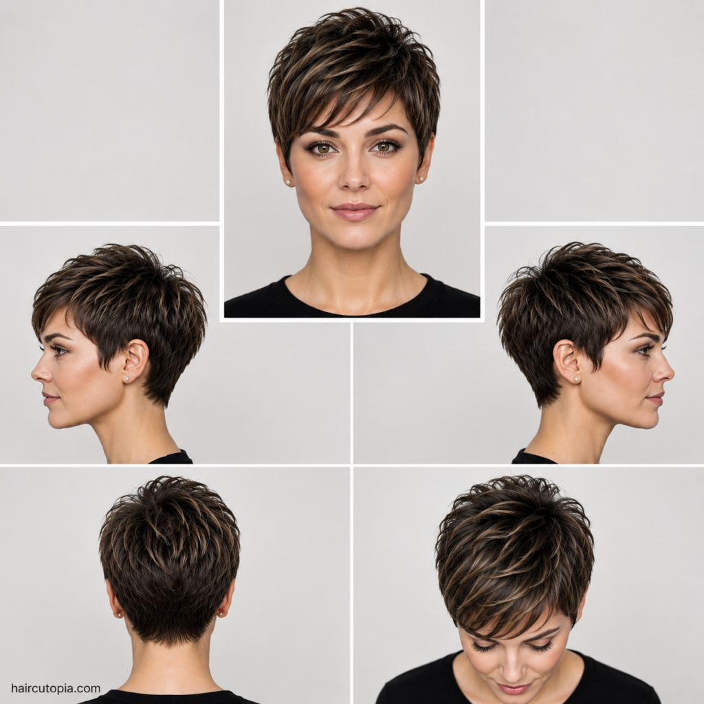 Five-view collage showing a textured pixie haircut for a heart-shaped face from the front, left side, right side, back, and top views.