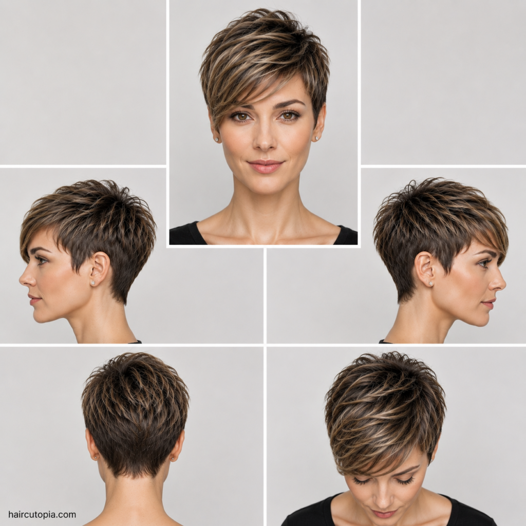 Five-view collage showing a textured pixie haircut for a long face from the front, left side, right side, back, and top views.