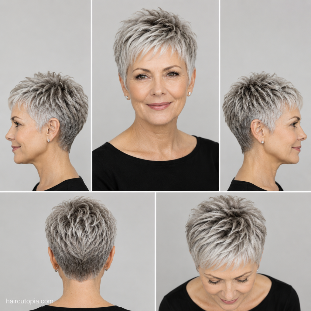 Pixie haircut for older women shown from the front, left side, right side, back, and top views