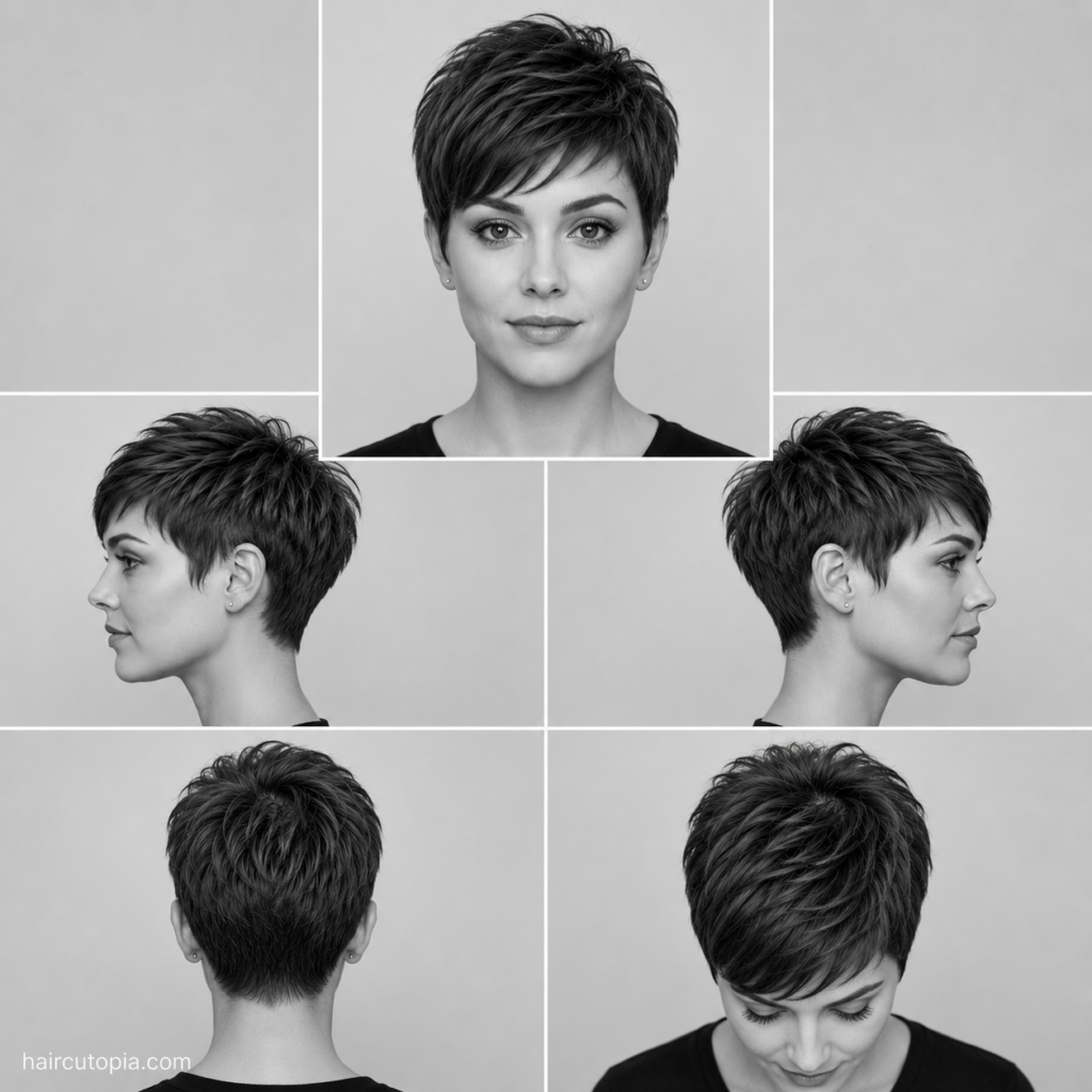 Five-view collage showing a modern pixie haircut for an oval face from the front, left side, right side, back, and top views.