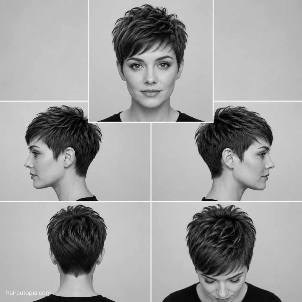 Five-view collage showing a textured pixie haircut for a round face from the front, left side, right side, back, and top views.