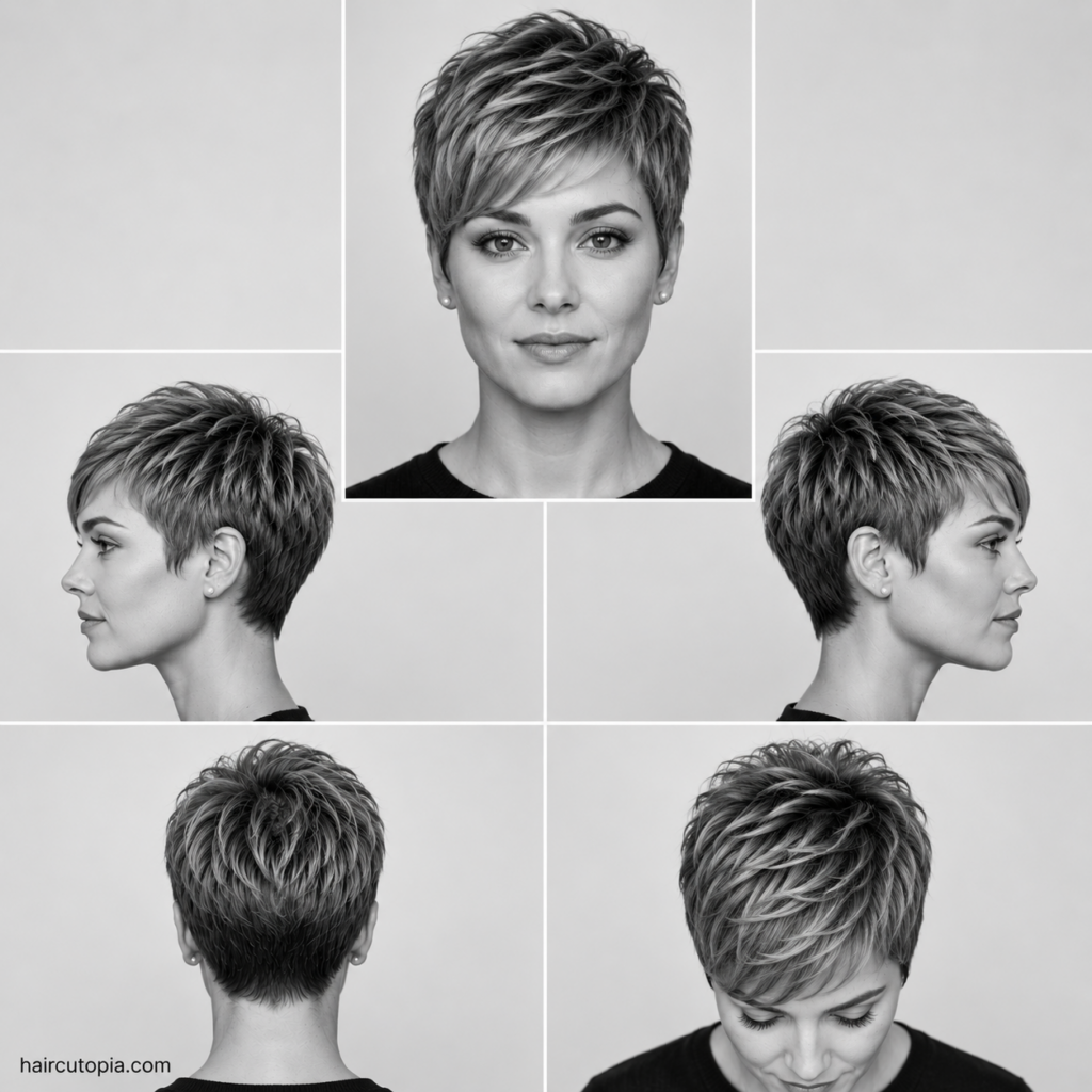 Five-view collage showing a textured pixie haircut for a square face from the front, left side, right side, back, and top views.