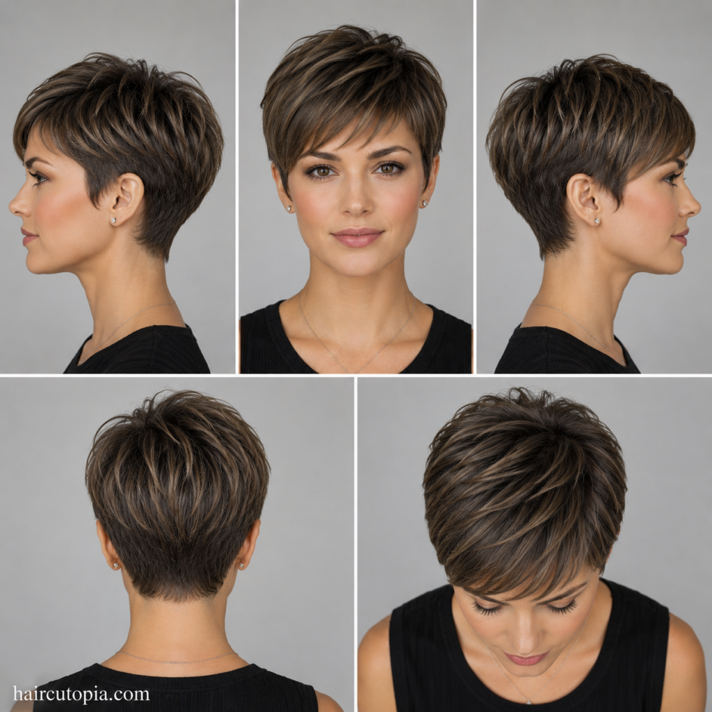 Five-view collage of a modern pixie haircut for straight hair showing the front, left side, right side, back, and top views.