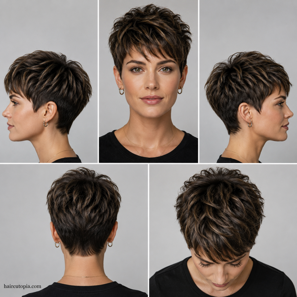 Five-view collage of a modern pixie haircut for thick hair showing the front, left side, right side, back, and top views.