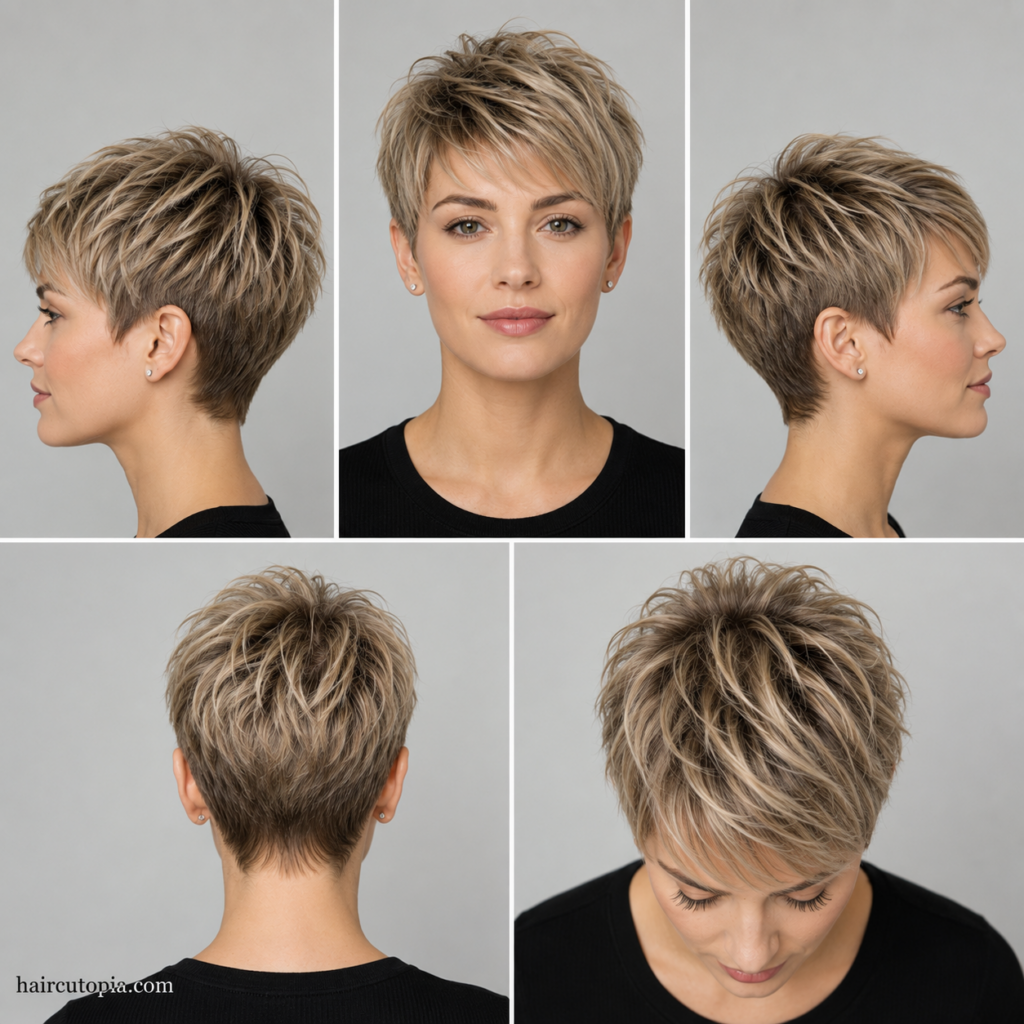 Five-view collage of a modern pixie haircut for thin hair showing the front, left side, right side, back, and top views.