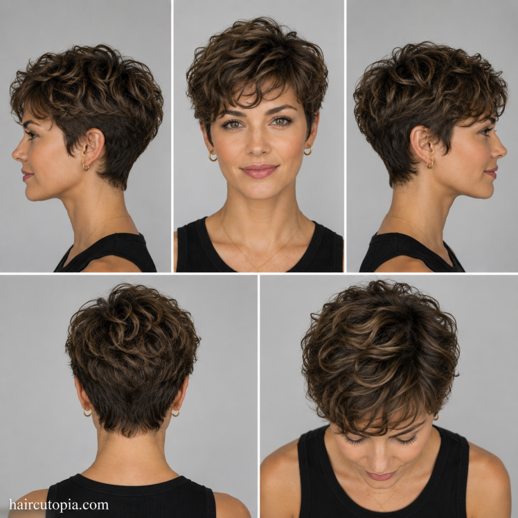 Five-view collage of a modern wavy pixie haircut showing the front, left side, right side, back, and top views.